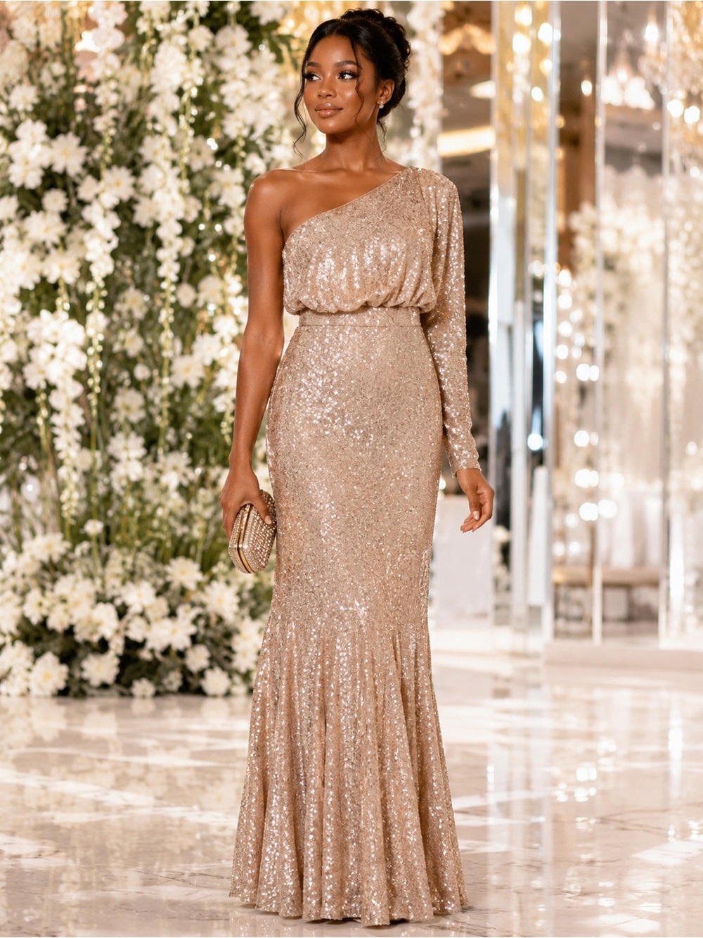 Forever Unique London One-Shoulder Sequin Gown Mermaid Gold 4